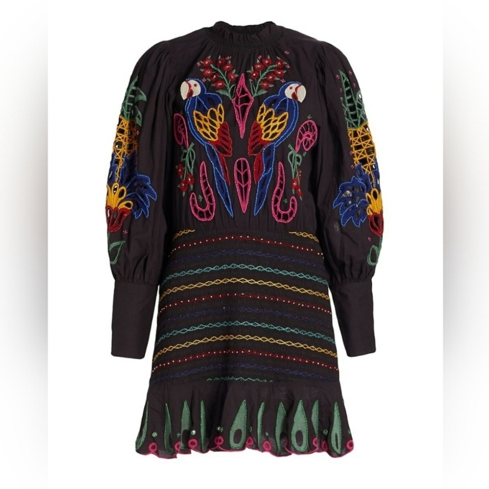FarmRio Embroidered Puffsleeve  Black Dress Colorful Parrot Design Romantic Sz M - Picture 2 of 16
